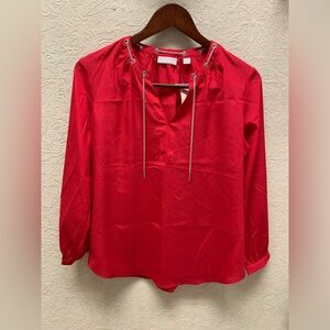New New York & Co red long sleeve blouse with silver chain design